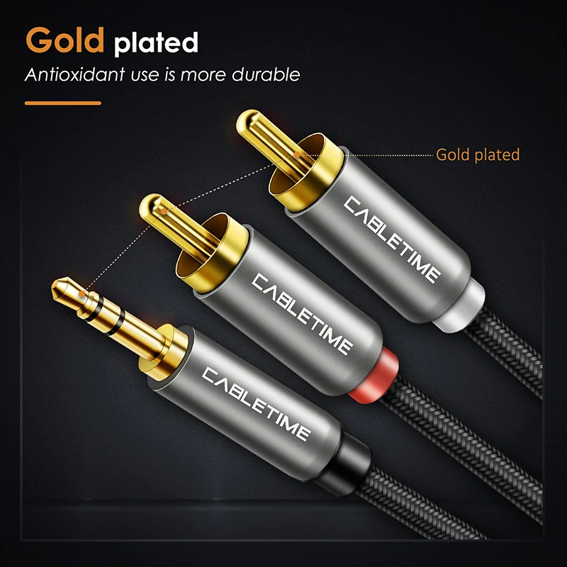 CABLETIME 3.5mm Jack to 2 RCA Cable M/M 3.5 RCA AUX Stereo Cable for DJ Amplifiers Subwoofer Audio Mixer Home Theater DVD C106