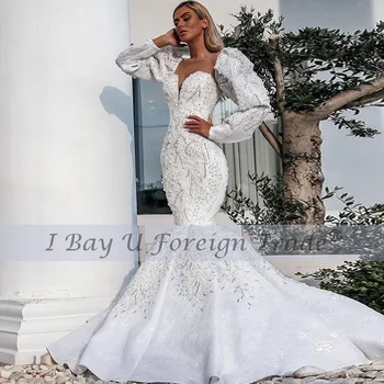 شراءاللؤلؤ الفاخرة حورية البحر فستان الزفاف كم طويل 2021 جديد الثقيلة الخرز ثوب زفاف منتفخ الكتف فستان الزفاف