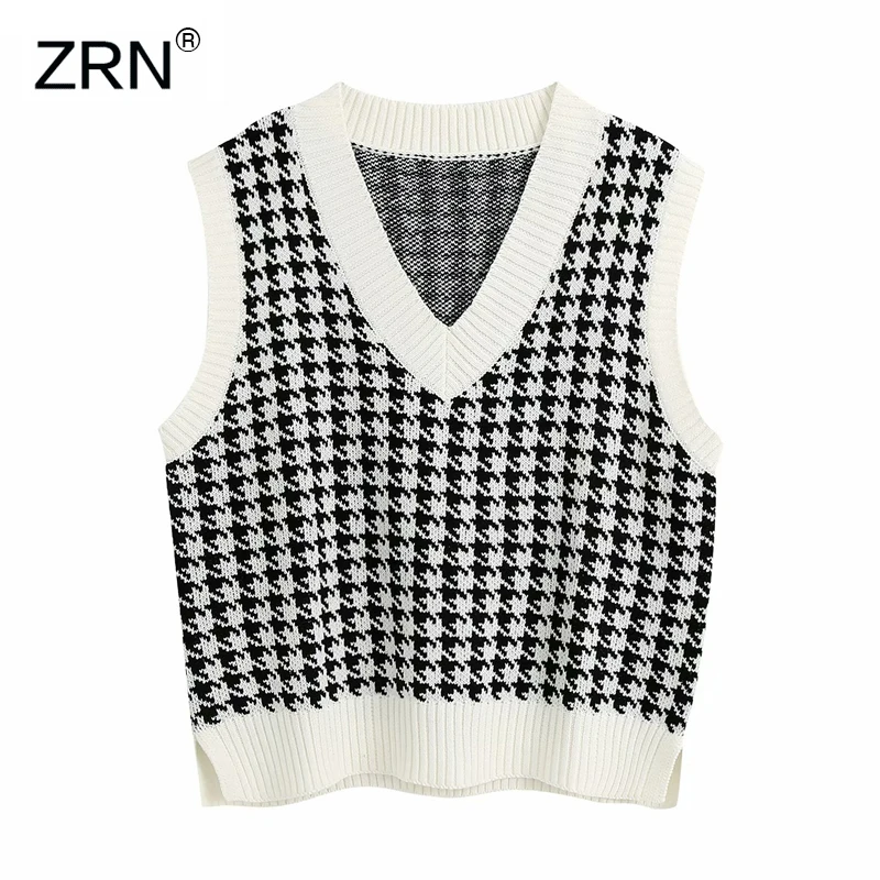 ZRN Women Vintage Houndstooth Plaid Oversized Knitted Vest Sweater V Neck Sleeveless Side Vents Loose Female Waistcoat Chic Tops | Женская