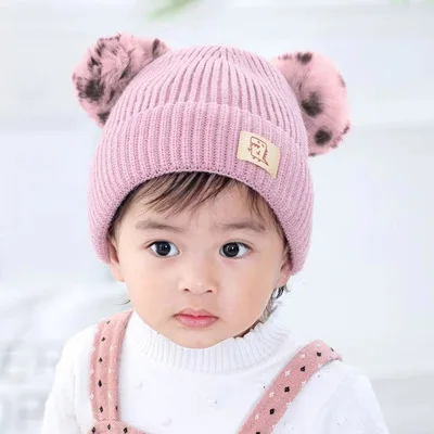 Children's double ball wool hat autumn winter boy and girl baby headgear Children's cartoon thick double layer warm hat beanies