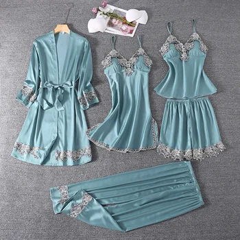 

Smmoloa 5 Piece Silk Robe Women Silk Pajamas Set satin pajama sets