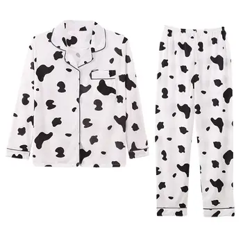 

QWEEK Cow Print Women's Pajamas Set 2 Pieces Sleepwear Soft Plus Size Homewear Pyjamas Women Casual Winter Pijama Mujer 2020