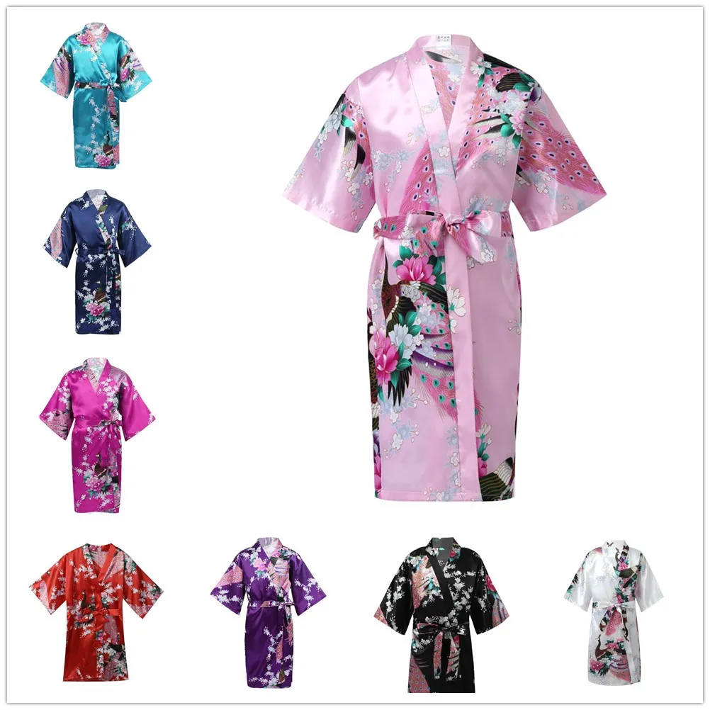 Girls Satin Kimono Robe Kids Sleepwear Peacock Flower Printed Children Bathrobe Nightgown Robe For Spa Party Wedding Birthday