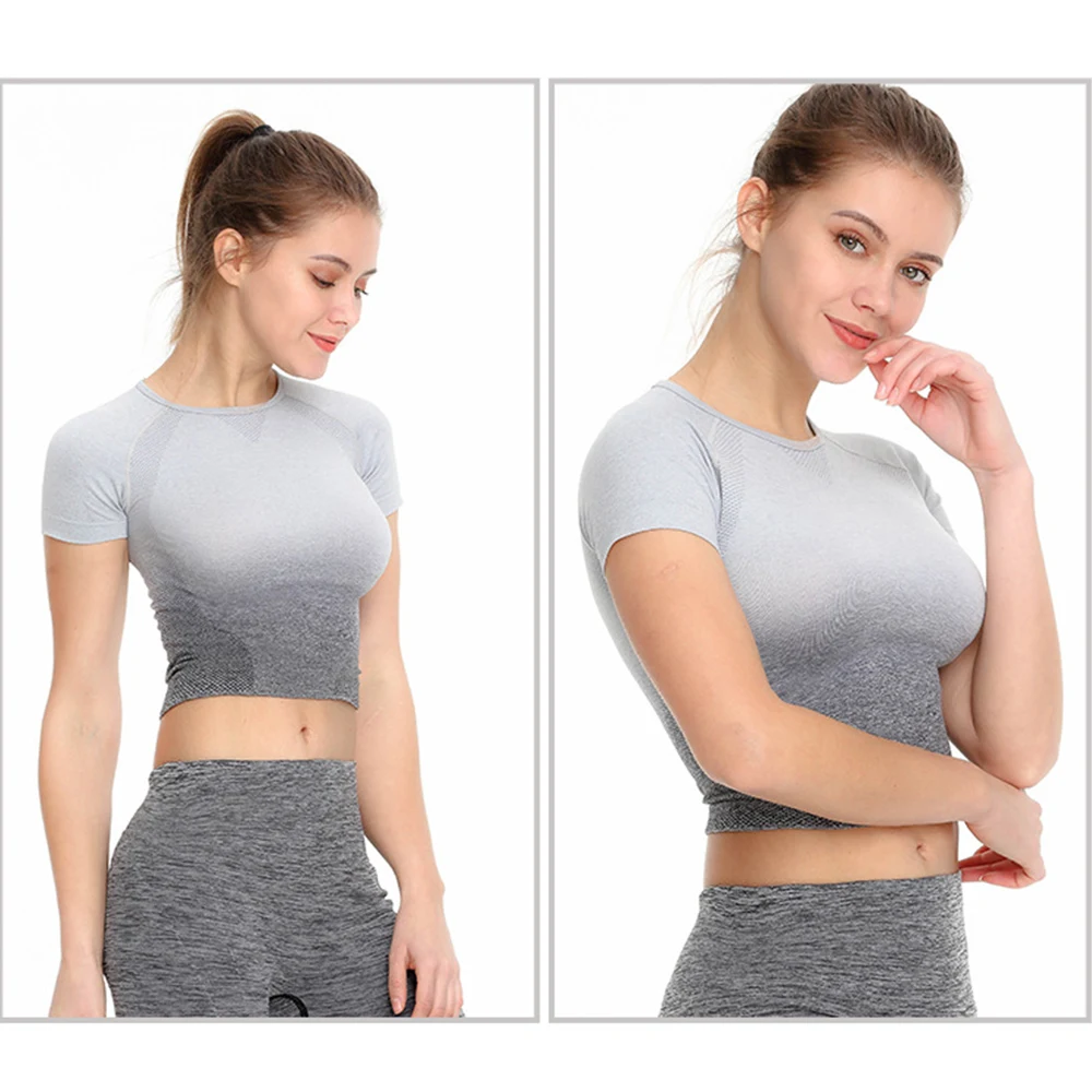 Women Sports Yoga T Shirts Seamless Short Sleeve Running Sport Crop Shirt Sportswear Four Way Stretch Fitness Gym Workout Tops
