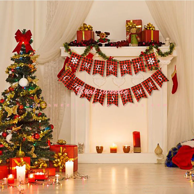 Рождественские украшения в клетку буйвола, красный и черный цвета, веселые рождественские баннеры, наволочки, покрытия для подушек, украшения для рождественской елки для дома