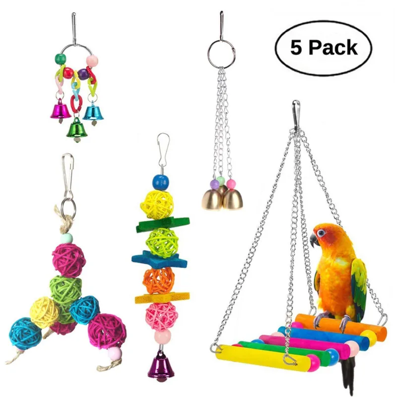 

5 X 5pcs Set Bird Swing Chewing Training Toys Parrot Hammock Parrot Cage Bell Perch Toys With Wooden Beads Hanging Training