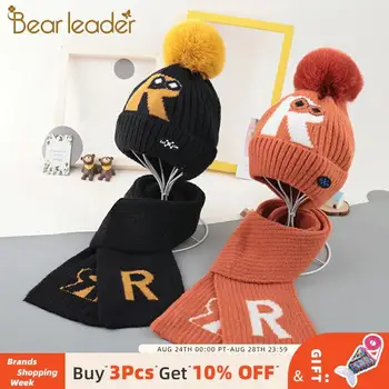 

Bear Leader 3-12T Children Autumn and Winter Warm Knitted Casual Hat and Scarf Boys Girls Baby Letter Print Fashion Accessories