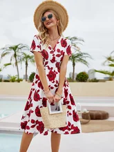 

Heliar Women Dress Totem Floral Print Knee Length Female Boho Chic Printed Short Sleeve Elastic Waist V Neck Beach Dress