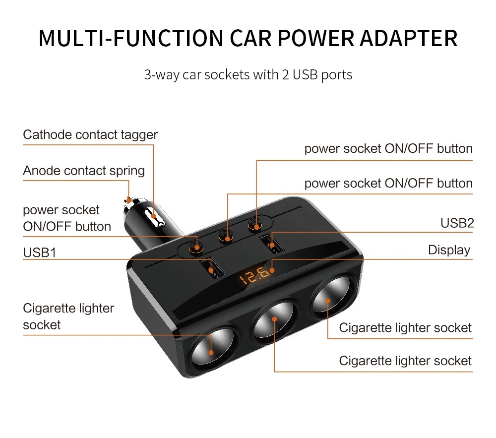 Автомобильный разветвитель с тремя розетками и двумя USB портами 3 1 А|Адаптер