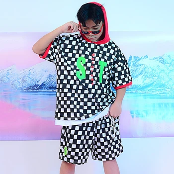 

Hip Hop Dance Costumes Jazz Performance Wear Fashion Plaid Hoodie Top Shorts Kids Street Dancing Clothes Stage Outfit DN5525