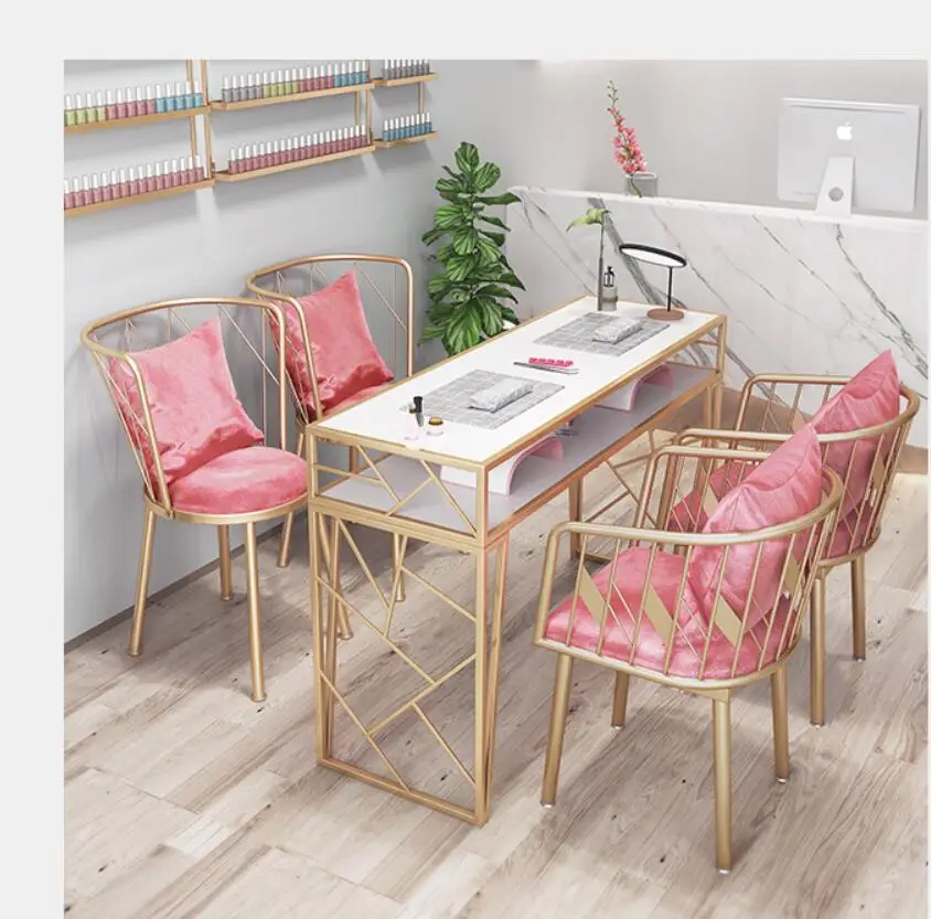 Net red ins wind marble nail table and chair set single double gold iron simple nail table red wind marble manicure table and chair set single double gold iron double deck simple manicure table