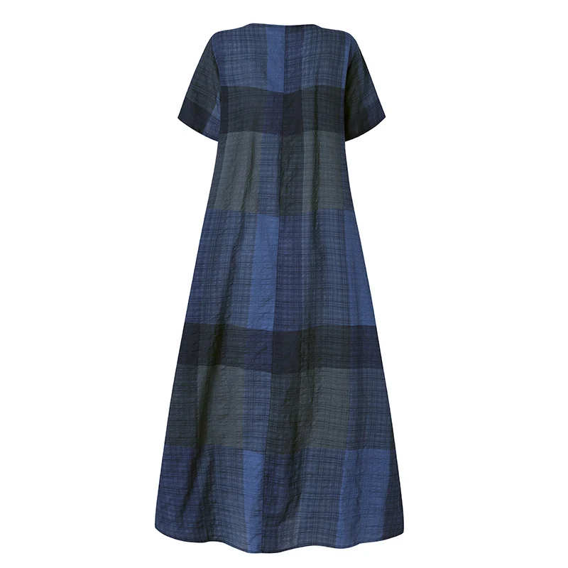 Women Short Sleeve Maxi Long Dress Summer Plaid Checked Sundress 2020 ZANZEA Robe Party Baggy Femme Plus Size Kaftan Vestidos