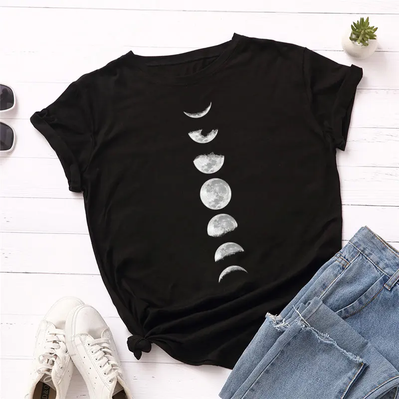 

Plus Size S-5XL New Moon Planet Print Women T Shirts 100% Cotton O-Neck Short Sleeve Summer Female T-Shirt Tops Casual Tshirt
