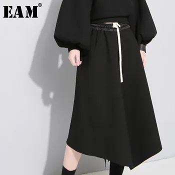 

[EAM] 2020 New Spring High Elastic Waist Black Drawstring Irregular Hem Split Joint Half-body Skirt Women Fashion JH079