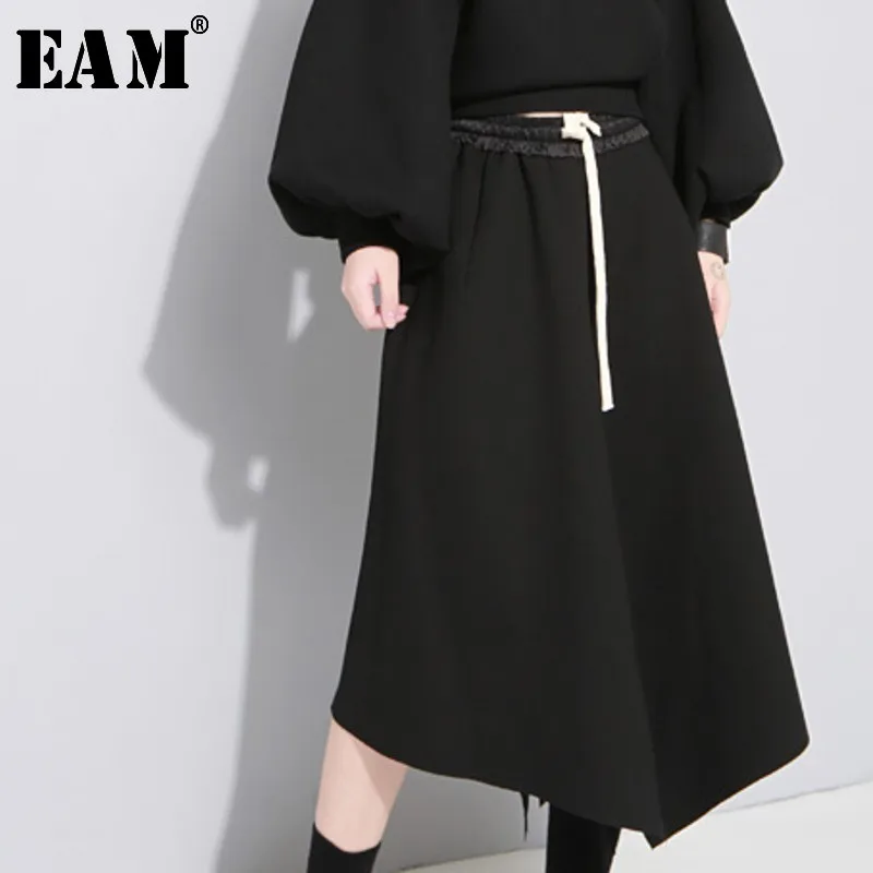 

[EAM] 2019 New Spring High Elastic Waist Black Drawstring Irregular Hem Split Joint Half-body Skirt Women Fashion JH079