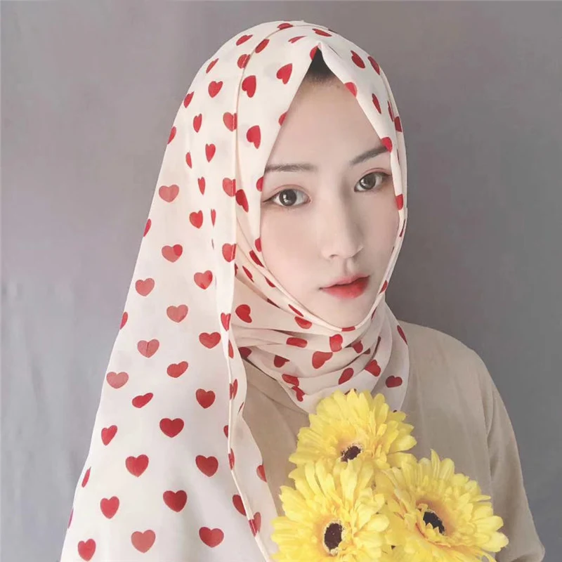 Fashion heart print chiffon islamic hijab headscarf muslim head scarf shawls ladies hijabs female headwrap malaysia hijab veil