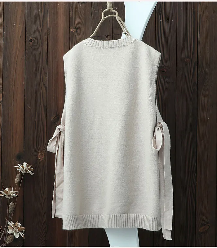 Spring O Neck Pullover Sleeveless Knitted Vest Women Plus Size Side Bandage Thin Hollow Out Loose Side Split Waistcoat