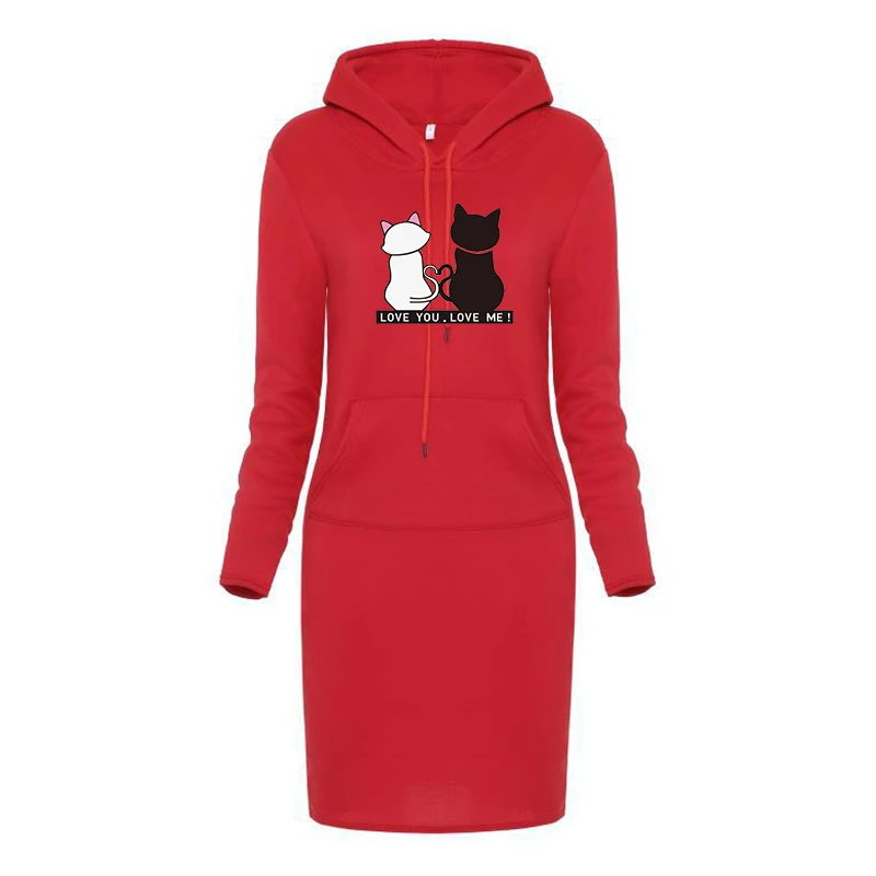 Funny Cat Print Women Hoodies Sweatshirts Long Sleeve Dress Vestidos Winter Woman Clothing Hooded Drawstring Pocket Pullover