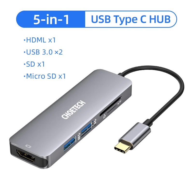 CHOETECH usb-хаб C концентратор для нескольких USB 3,0 HDMI RJ45 адаптер SD ридер для MacBook Pro USB-C type C 3,0 разветвитель 2 порта USB C концентратор - Цвет: 5 in 1 USB C Hub