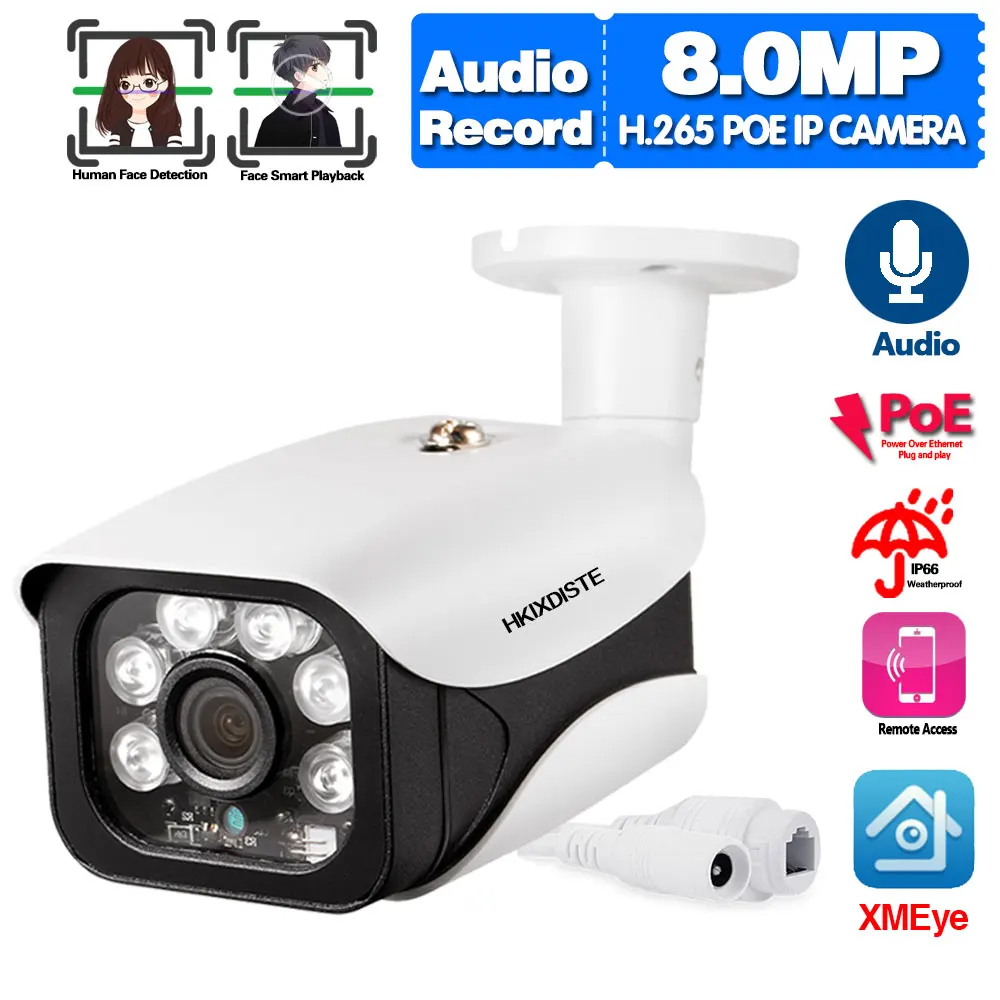 Ai Face Detection Poe Ip Camera 4K Outdoor Night Vision Poe Cctv Bullet Security Camera System 8Mp Xmeye H.265 Monitoraggio Ip Cam