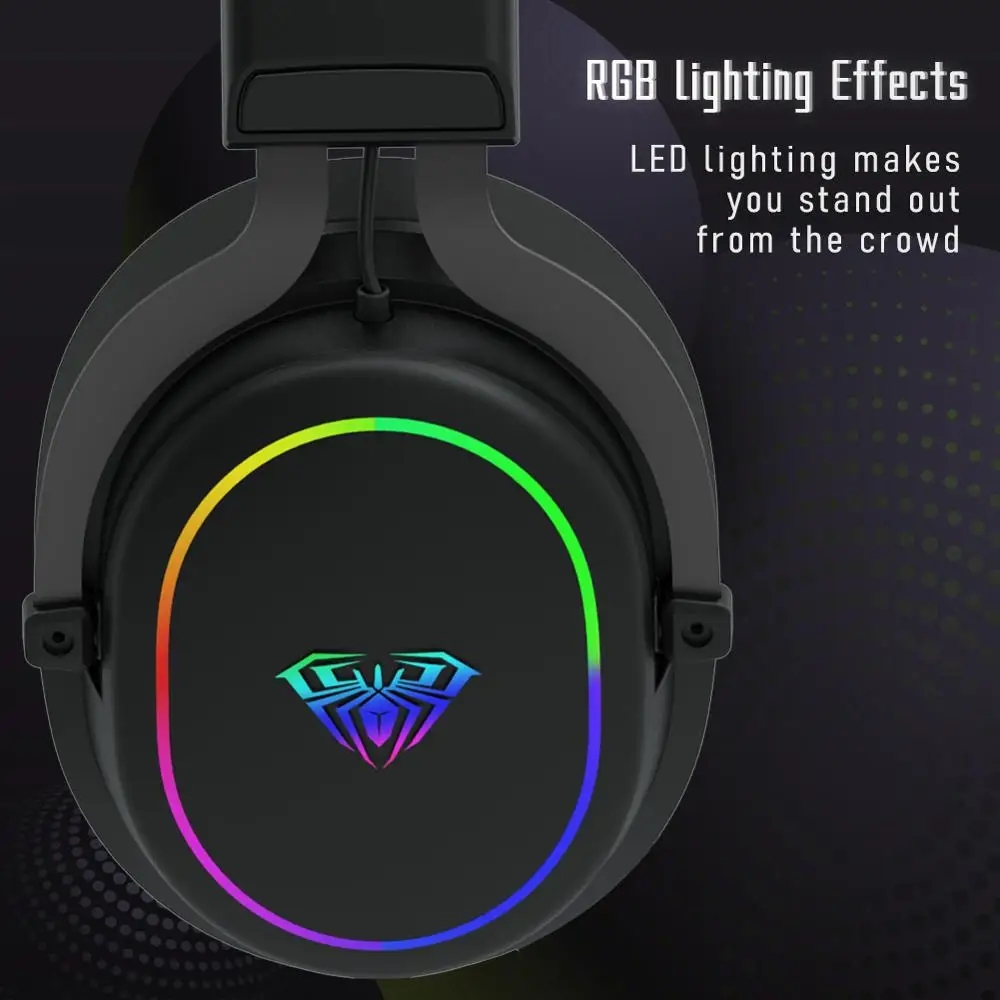 AULA F606 Wired Gaming Headset RGB Light Bass Stereo Surround Sound Lightweight Headset with Microphone for Laptop Tablet Gamer