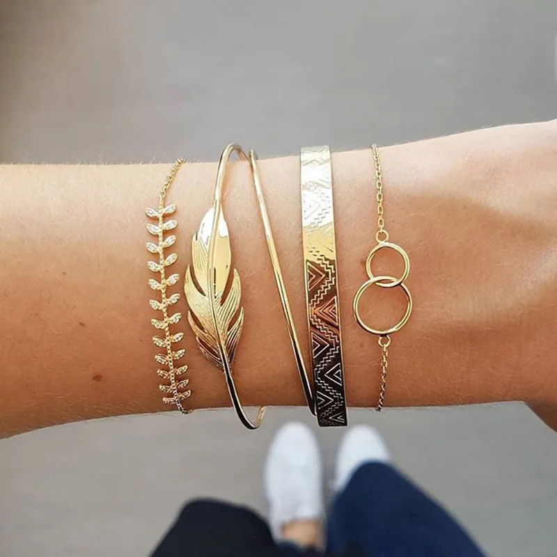 

VAGZEB New 30 Styles Bohemian Bangle for Woman 5PC/set Gold Color Leaf Shaped Bracelet Charm Party Wedding Jewelry