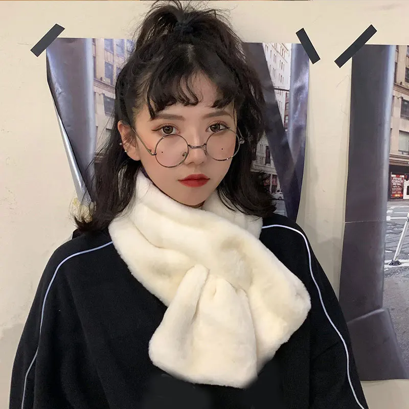 

Winter Soft Comfortable Neck Warmer Solid Color Plush Warm Scarf Furry Cross Scarves Imitation Rabbit Fur Collar Scarf