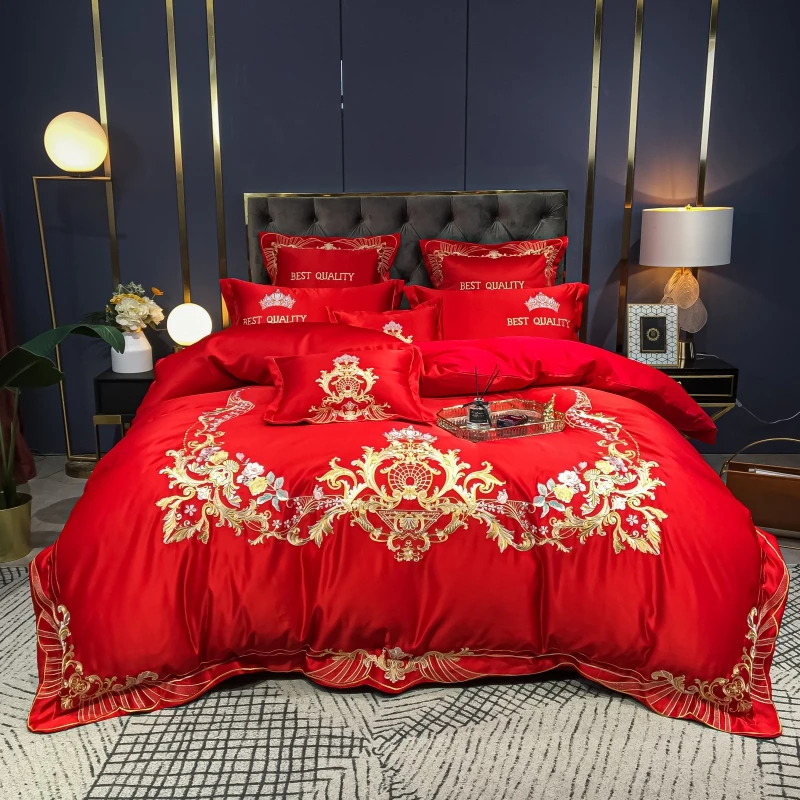

European Golden Embroidery Bedding Set Luxury Red Satin Cotton Wedding Quilt/Duvet Cover Bedspread Bed Sheet Pillowcases