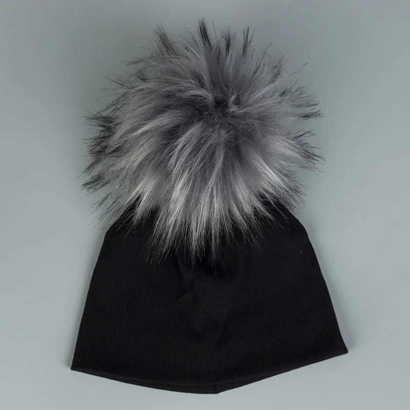 Newborn Baby Boys Girls Cotton Beanies Hats With Big Faux Fur Pompom Solid Cute Girls Hats Cap Hair Accessories - Цвет: 17Black