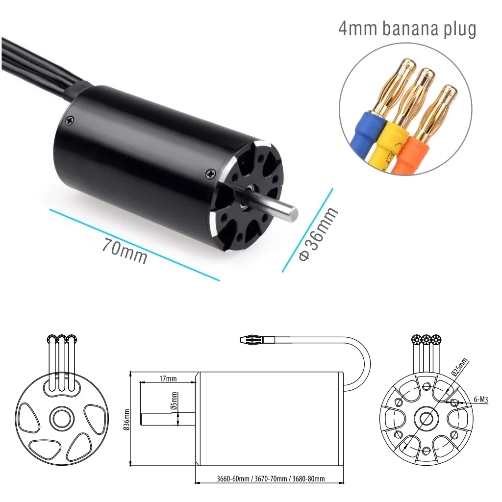 Rocket 3670 Brushless motor for rc boat with 5.0 shaft 36series