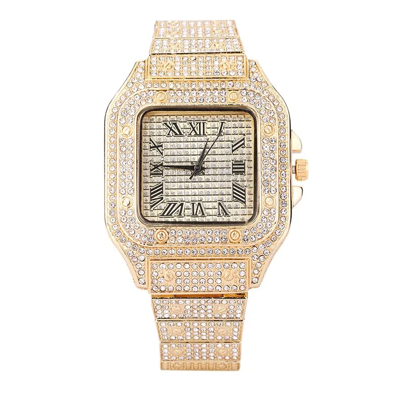 Relógio de Quartzo Quadrado Gelado para Homens e Mulheres Relógios de Pulso Hip Hop de Luxo Relógio Romano Diamante Números Pretos Novo - Image 4