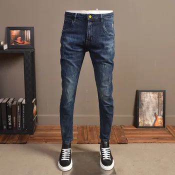

Spring Blue Jeans Men Fashion Scratched Slim Fit Stretch Denim Streetwear Jean