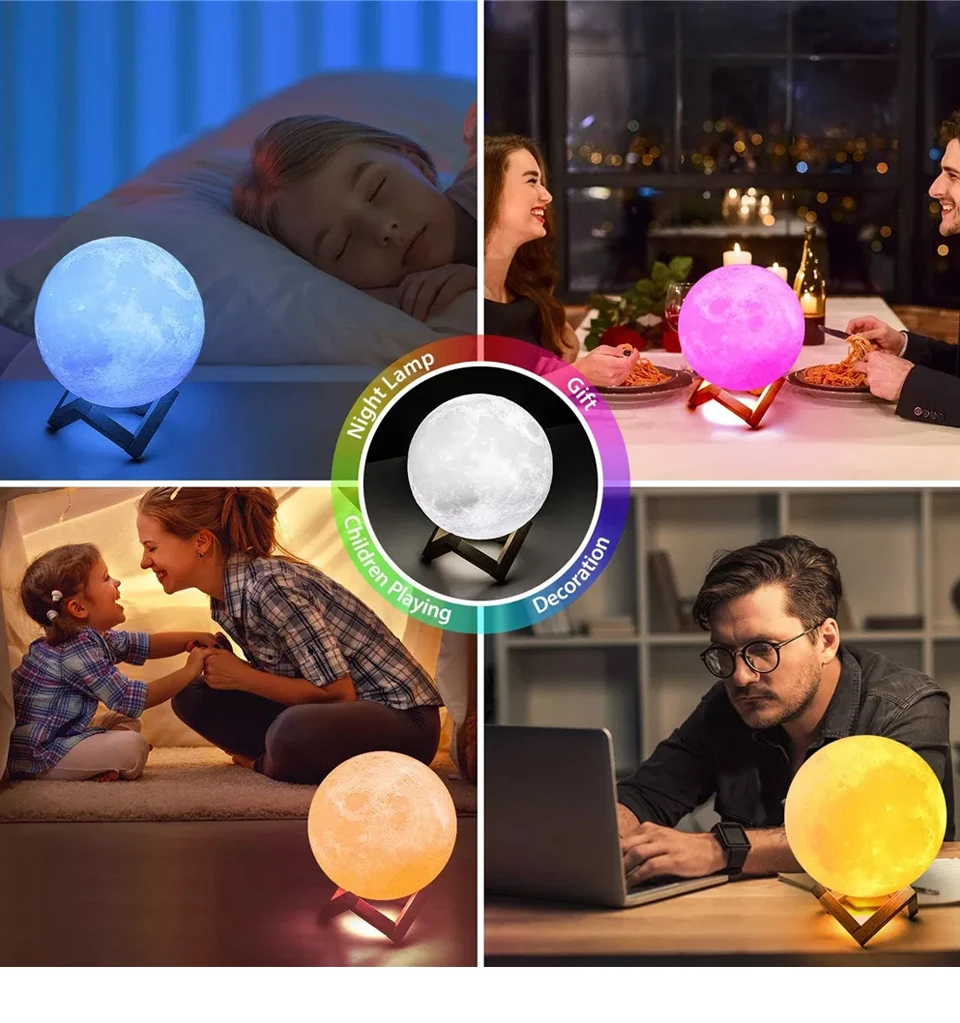 Rodanny 16 Colors Moon Lamp USB Rechargeable Touch Change Remote 3D Print Light for Home Decorion Children Gift wall night light