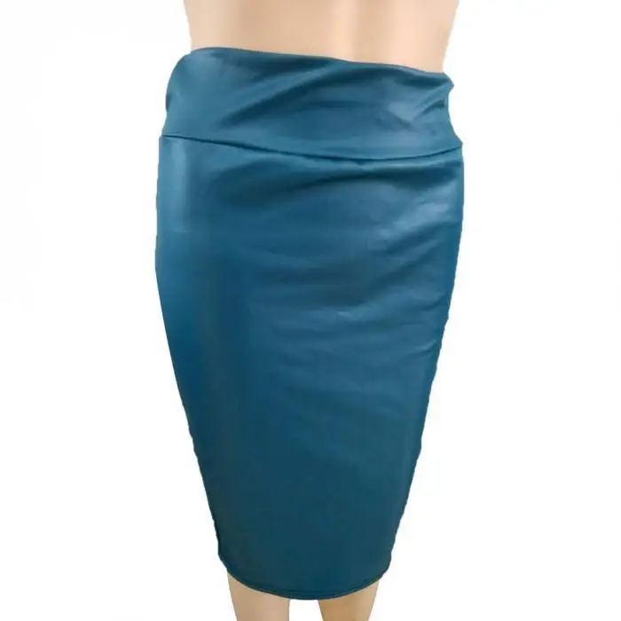 ANNJOLI Новая Женская высокая талия тонкая искусственная кожа юбка-карандаш Горячая облегающая юбка однотонная сексуальная OL офисная юбка привлекательная Рабочая одежда - Цвет: Синий