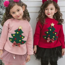 Футболка для маленьких девочек Корейская версия хлопковой и бархатной теплой плотной бархатной рубашки с рождественской елкой для девочек джемпер