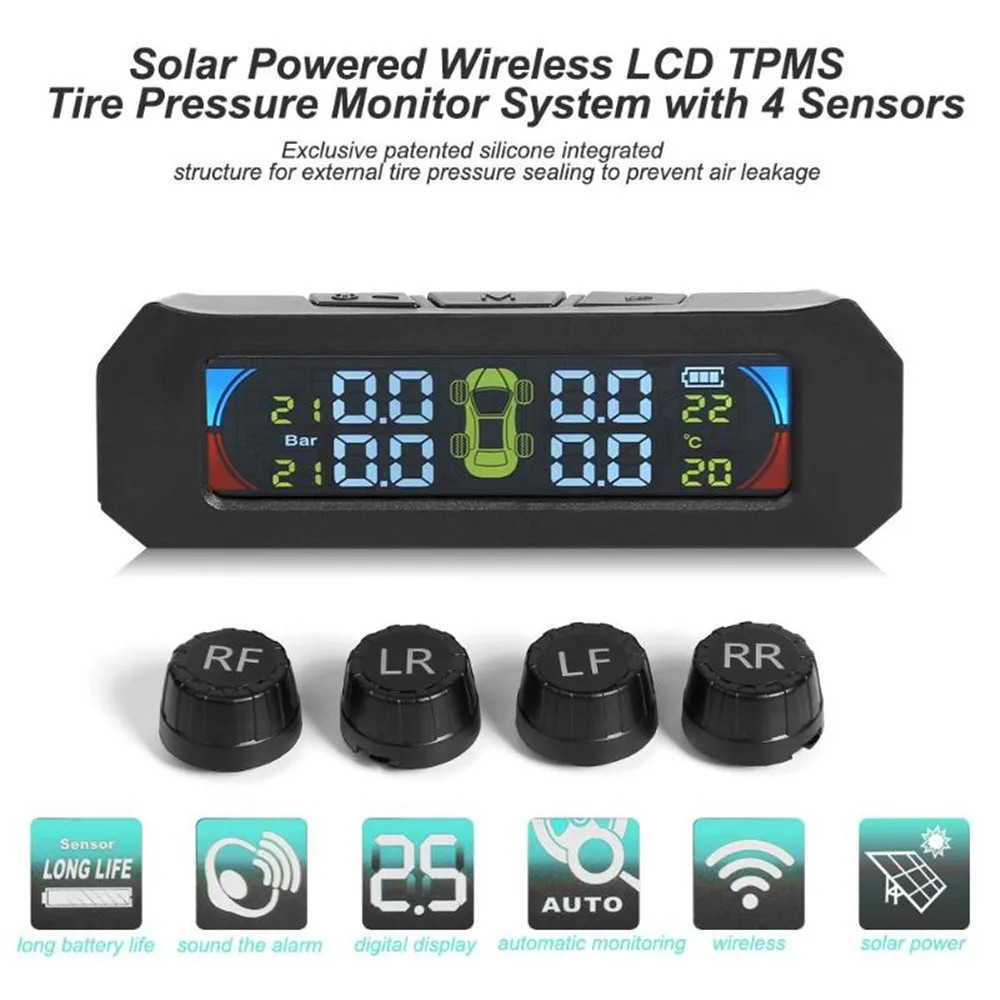 

Solar Color LCD TPMS Wireless Car Tire Pressure Temperature Monitoring System With 4 Sensors Car Alarm System