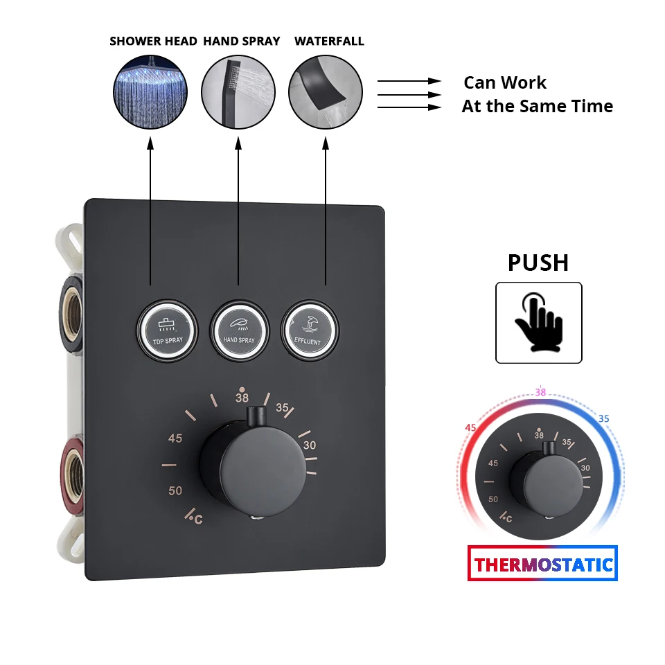 Luxury Black Thermostatic Bathroom Shower Faucet Rainfall Shower Head Wall Mounted Bathtub Mixer Tap Bath Set Wall bathroom faucet,bathroom shower faucet set,thermostatic mixing valve