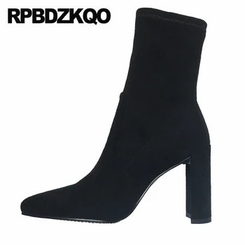 

chunky suede brand women winter boots genuine leather handmade pointed toe high heel fur elastic shoes slip on ankle black block