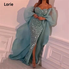 

Lorie Mermaid Evening Dresses With Cape Sequins Beaded High Side Split Prom Dress Floor Length Special Formal Party Gowns