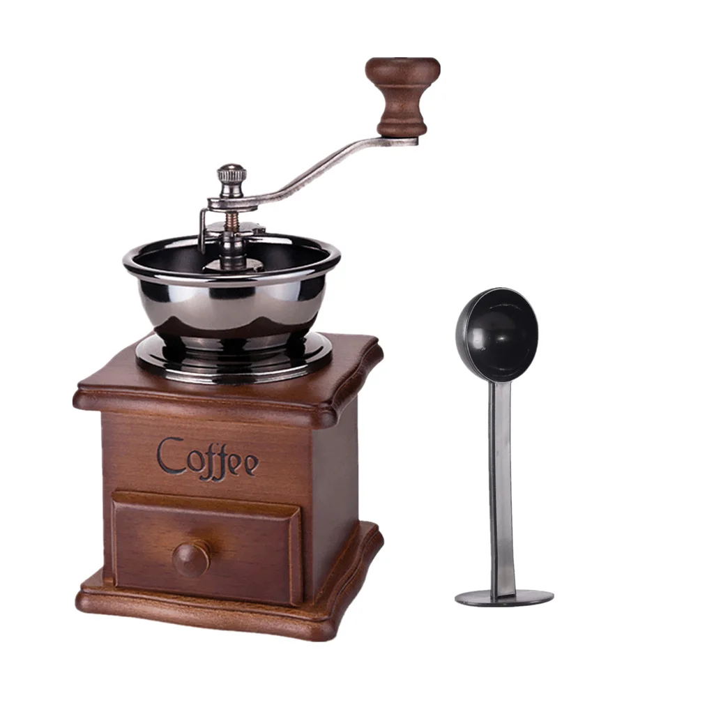 Antique Coffee Grinder Mill Manual Hand Made Wooden Bean Grinder And Spoon