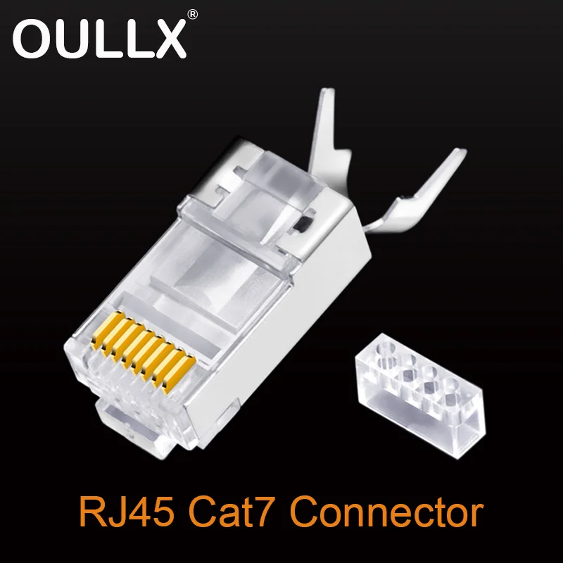 

OULLX CAT7 RJ45 Connector Network Cable Plugs Crystal RJ45 Cat6A 50U Gold-Plated Plug Shielded FTP 8P8C Network Crimp Connectors