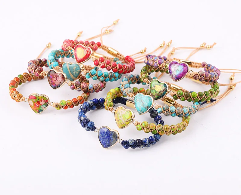 New Design Natural Stone Imperial Heart Charm Handmade Macrame Friendship Bracelet Women