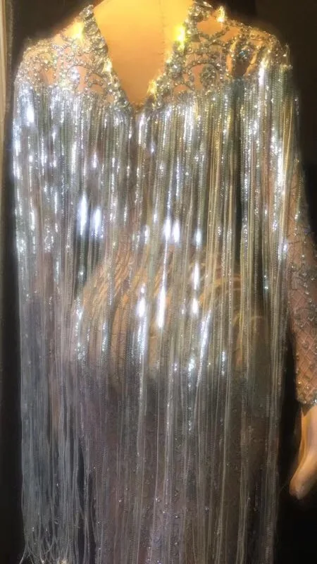 Горячие сексуальные сверкающие кристаллы длинное платье вечернее платье стразы платья день рождения, празднование костюм платье с бахромой женская одежда