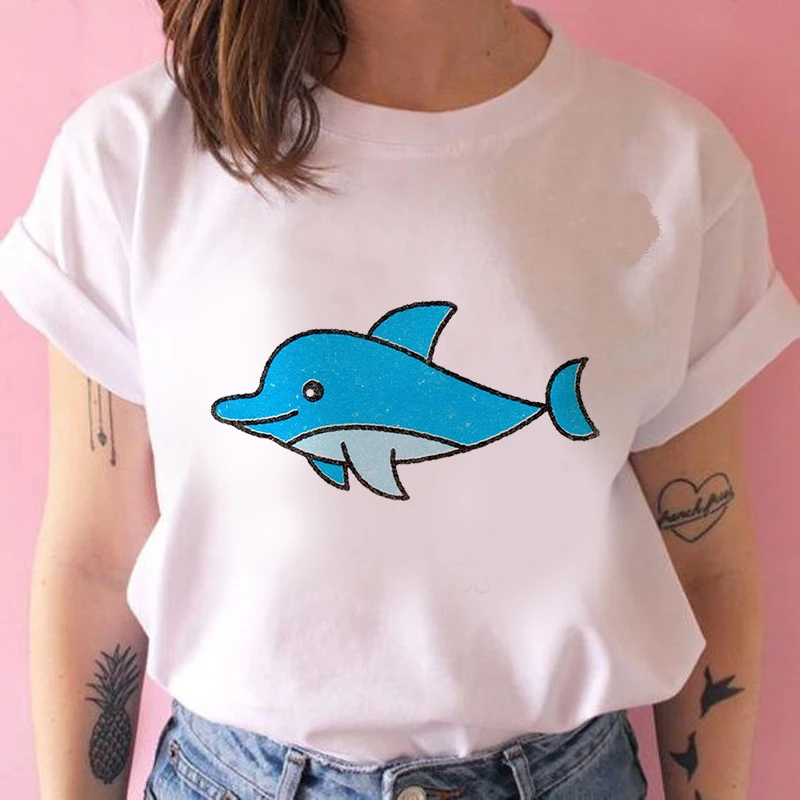 Female T-shirt dolphin Floral Print Hip Hop Streetwear Tops T-shirt Casual Funny T-shirt 90s Harajuku T-shirt Girl