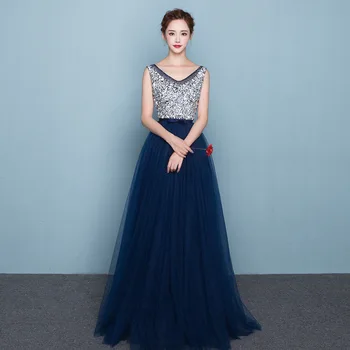 

Elegant Navy blue Beading Long Evening Dresses V-neck prom gowns special occasion Formal Party dress vestido de festa 2019
