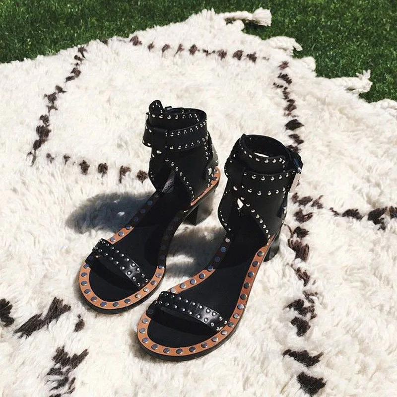 

Studded Rivets Real Leather Gladiator Sandals Women Rivets Combat Ankle Wrap Chunky Heels Open Toe Sexy Summer Shoes Woman