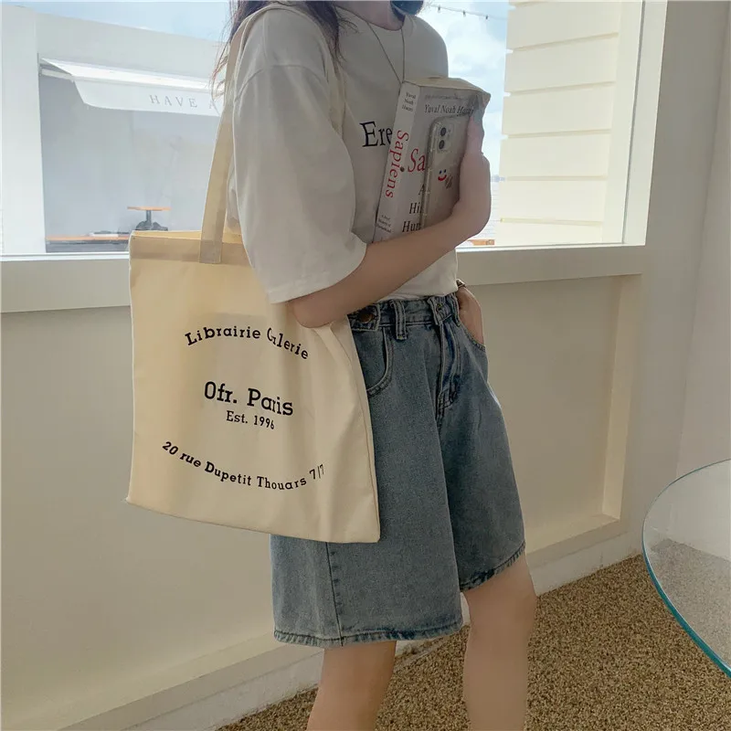 Women Canvas Shoulder Bag Paris Letters Print Shopping Bag Eco Cotton Linen Shopper Bags Cloth Fabric Handbag Tote For Girls