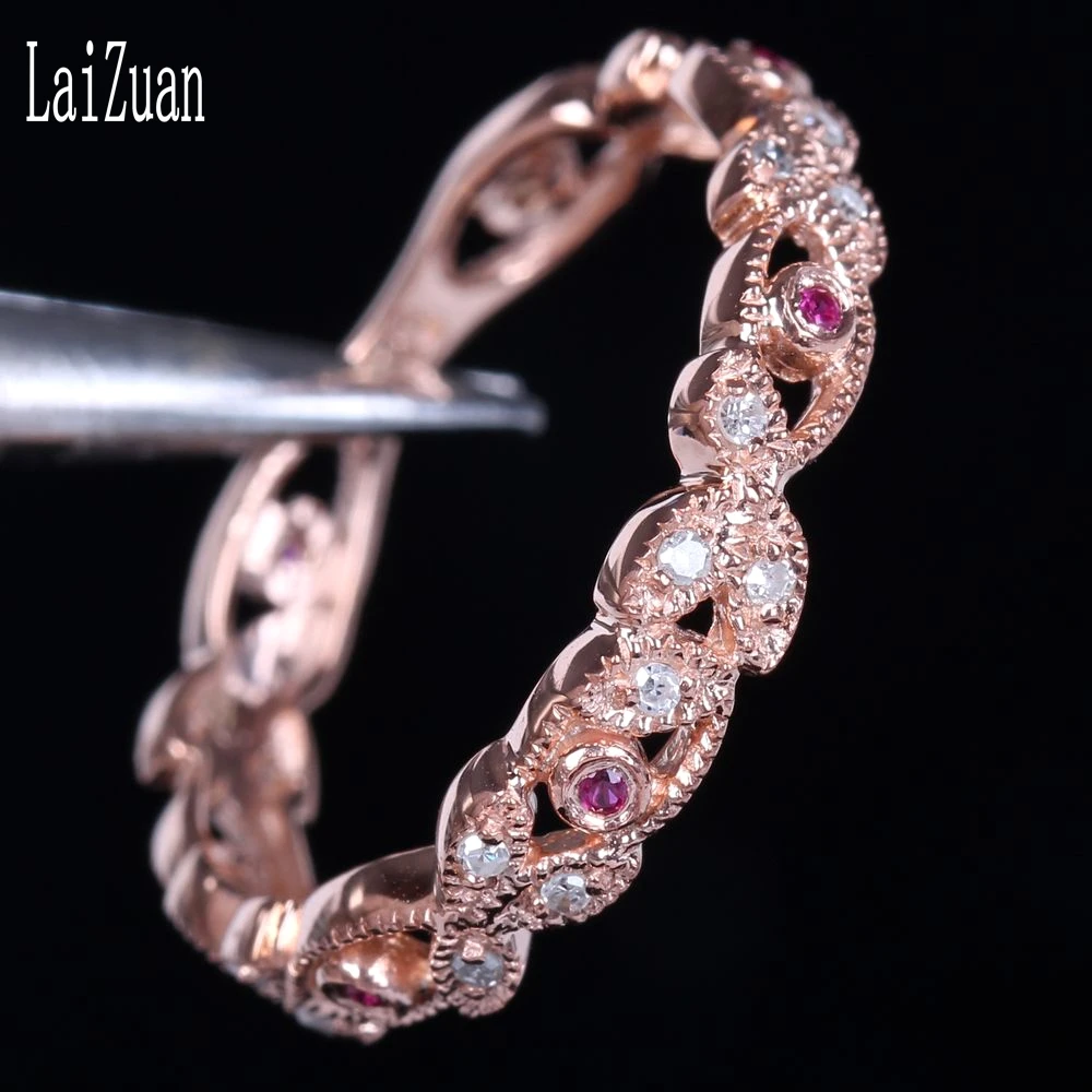 LaiZuan Solid 10K Rose Gold 0.2CT Certified H/SI Round Natural Diamond& Rubies Engagement Wedding Band Trendy Jewelry Gift Ring