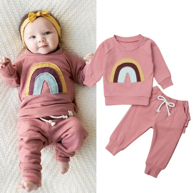 Pudcoco US Stock 0-3 Years 2PCS Kid Baby Girl Clothes Set Print Rainbow Long Sleeve Cotton Soft Tops+Ruffle Pants Outfit Set