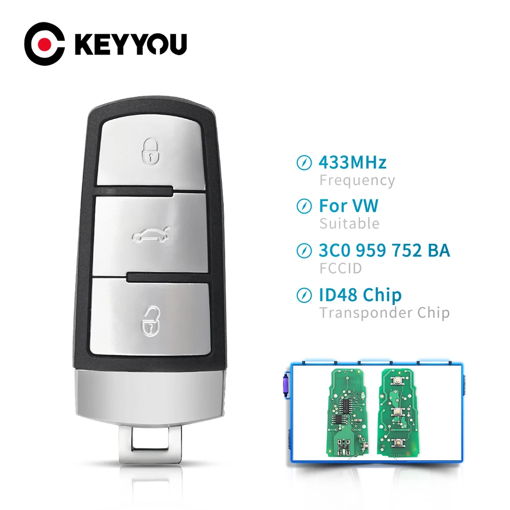 KEYYOU 3C0959752BA 3BT необрезанная версия 433 МГц чип ID48 для VolksWagen VW Passat B6 3C B7 Magotan CC
